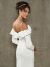 Diamond White Crepe Ruffled Off Shoulder Sleeve Elegant Mermaid Wedding Dress with Chapel Train Reese