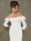 Diamond White Crepe Ruffled Off-Shoulder Sleeve  Elegant Mermaid Wedding Dress with Chapel Train Reese