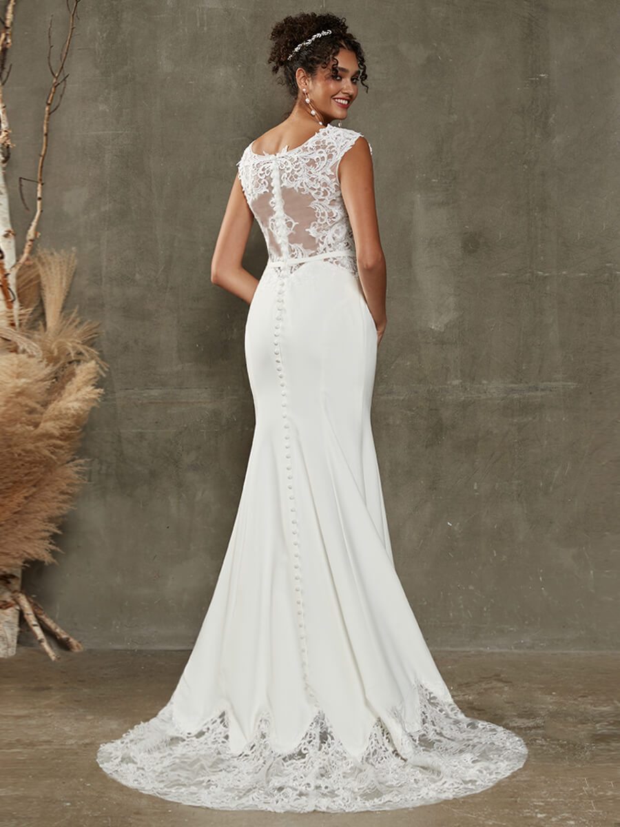 Crepe Mermaid Lace Cap Sleeve Wedding Gown with Train Bai