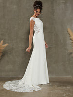 Diamond White Crepe Mermaid Lace Cap Sleeve Wedding Gown with Train Bai