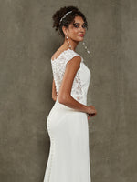  White Crepe Mermaid Lace Cap Sleeve Wedding Gown with Train Bai