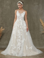 Diamond White/Champange V-Neck Sleeveless Lace Open Back Wedding Dress with Chapel Train