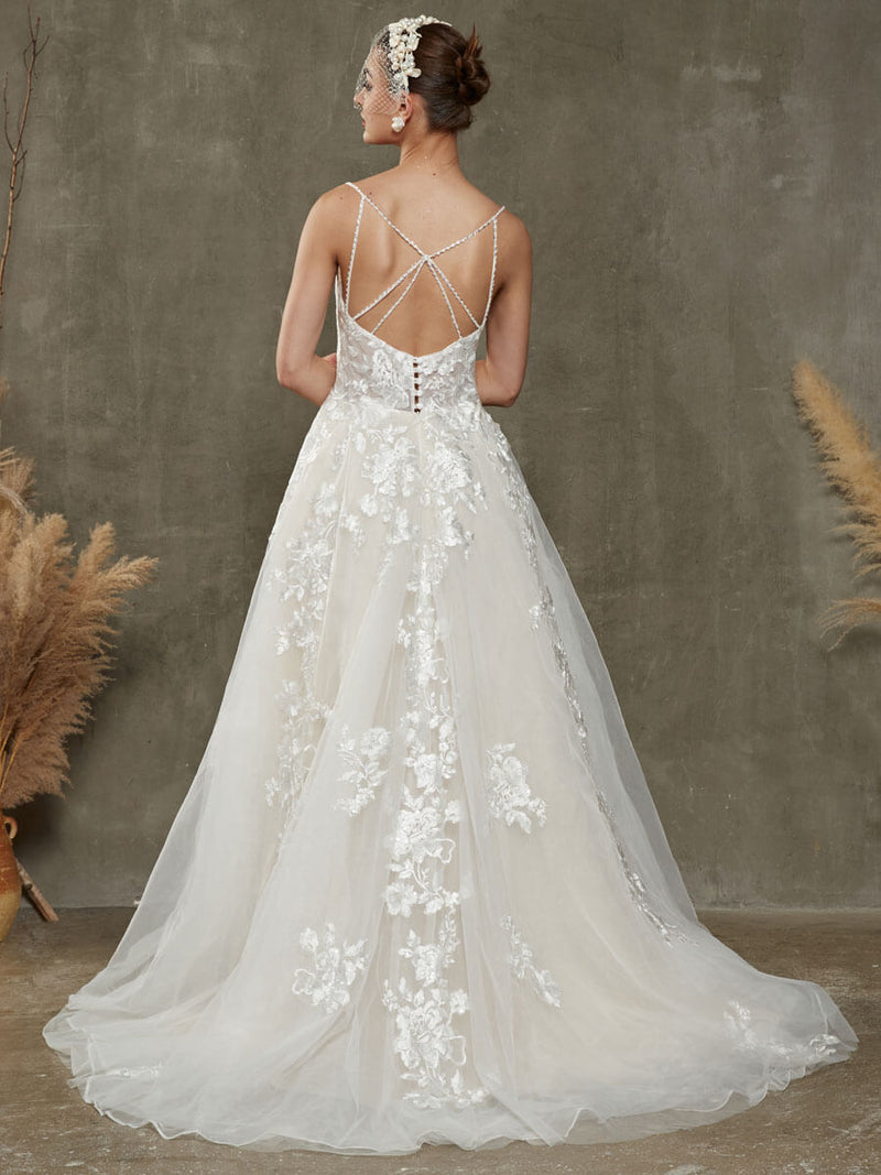 Diamond White/Champange V-Neck Sleeveless Lace Open Back Wedding Dress with Chapel Train - Evelyn