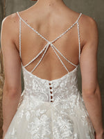 Evelyn Diamond White V-Neck Sleeveless Lace Open Back Wedding Dress with Chapel Train