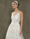 Diamond White/Champange Evelyn V-Neck Sleeveless Lace Open Back Wedding Dress with Chapel Train-Evelyn