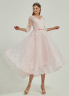 Diamond White / Blush Embroidery Lace A-Line 3/4 Sleeve High Low Wedding Dress Tessa
