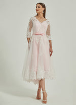 Diamond White and Blush Embroidery Lace A-Line 3/4 Sleeve High Low Wedding Dress Tessa