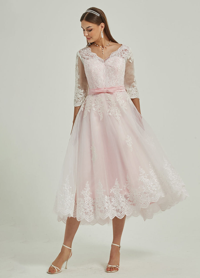 Diamond White Embroidery Lace A-Line 3/4 Sleeve High Low Wedding Dress Tessa