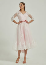 Diamond White & Blush Embroidery Lace A-Line 3/4 Sleeve High Low Wedding Dress Tessa