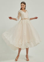 Diamond White/Champagne Lace 3 Quarters Sleeve High Low Back zip Wedding Dress Tessa