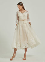 Diamond White/Champagne Lace 3 Quarters Sleeve High Low  Wedding Dress Tessa
