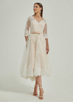 Diamond White/Champagne Lace 3 Quarters Sleeve High Low Back zip Wedding Dress - Tessa