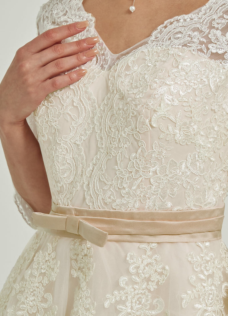 Diamond White/Champagne Lace 3 Quarters Sleeve High Low Back zip Wedding Dress 