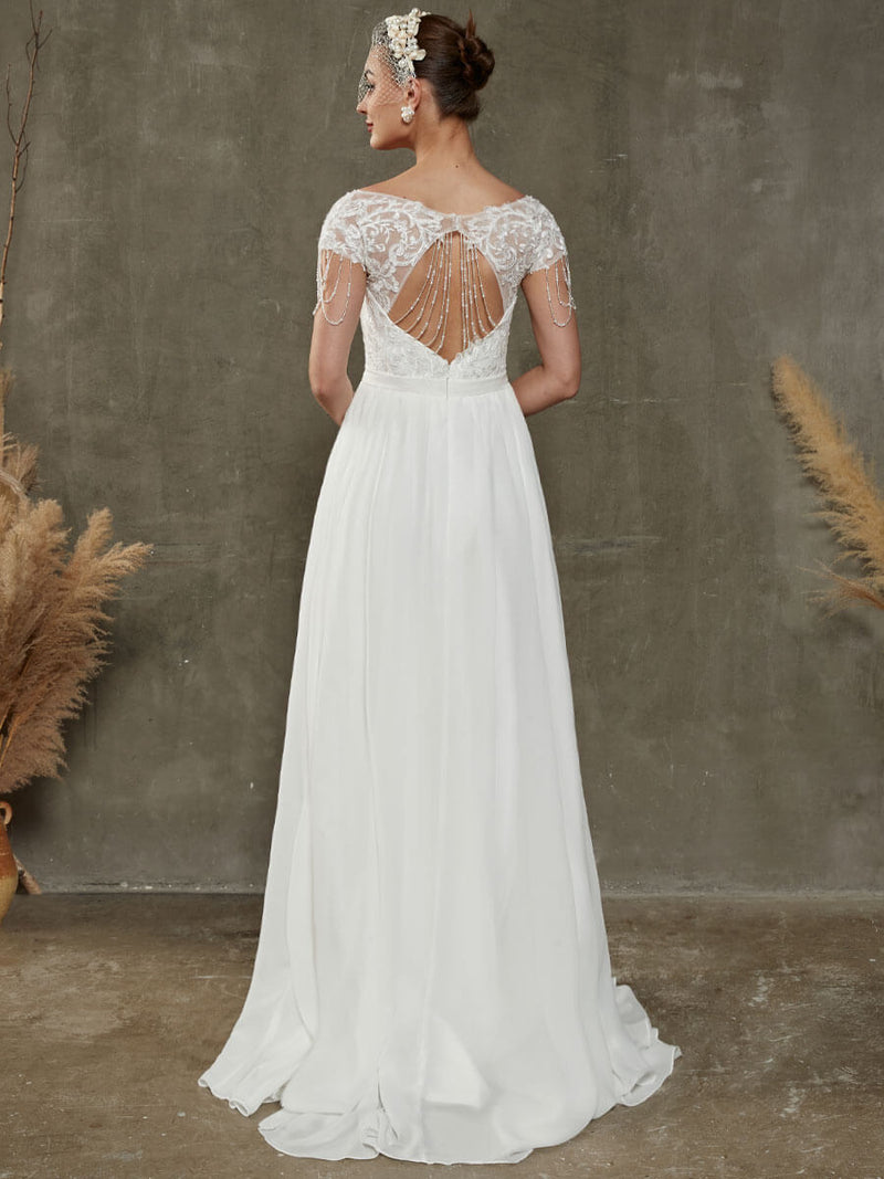Sheer V-Neck Short Sleeve Lace Open Back Wedding Dress with Train Leah