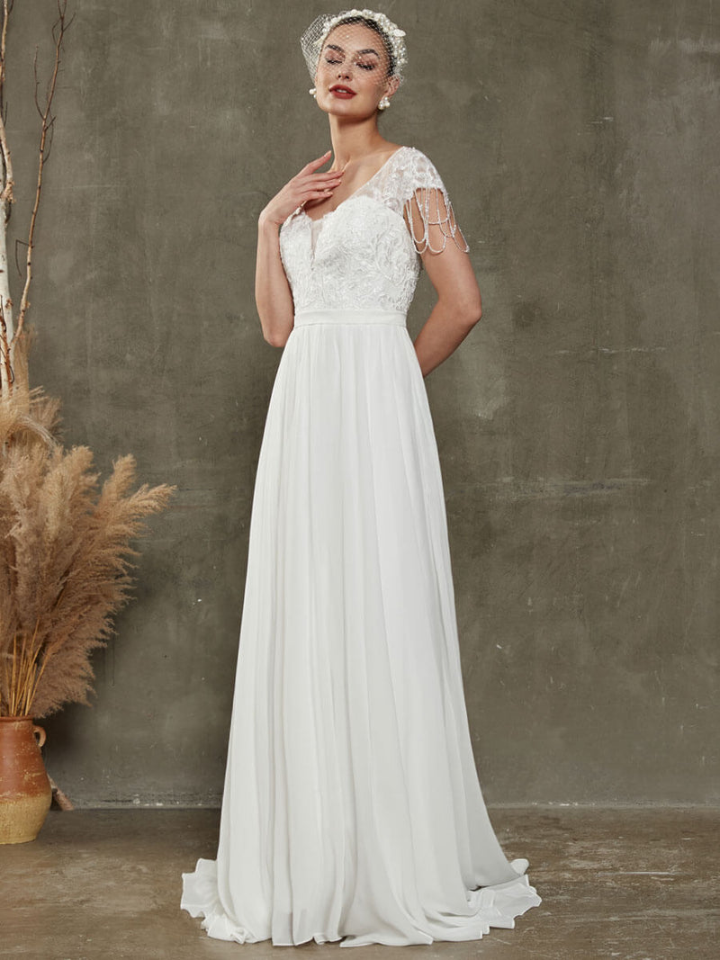 Sheer V-Neck Short Sleeve Lace Open Back Tassels Flowing Wedding Dress with Train Leah