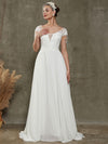 Diamond White Sheer V-Neck Short Sleeve Lace Open Back Tassels Flowing Wedding Dress with Train Leah