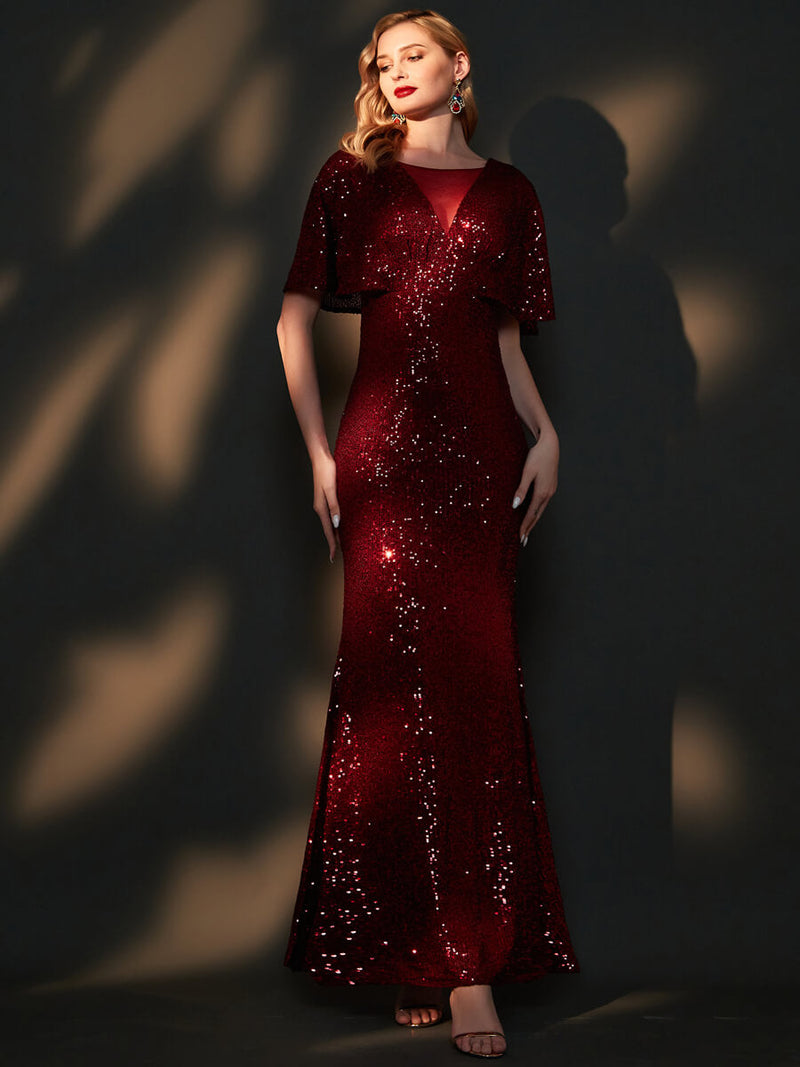 [Final Sale] Burgundy Batwing Sleeves Sheer V-Neck Sequin Formal Gown