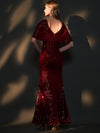 [Final Sale] Burgundy Batwing Sleeves Sheer V-Neck Sequin Formal Gown