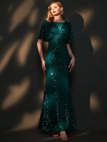 [Final Sale] Emerald Green Batwing Sleeves V-Neck Sequin Formal Gown