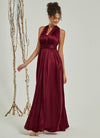 Multi Ways Burgundy Wrap Convertible Slit Bridesmaid Butterfly Sleeves & One Shoulder & Strapless & Off-shoulder & Straps & Halter Neck Satin A-Line Dress Floor Length Formal Dress with Pocket Winnie