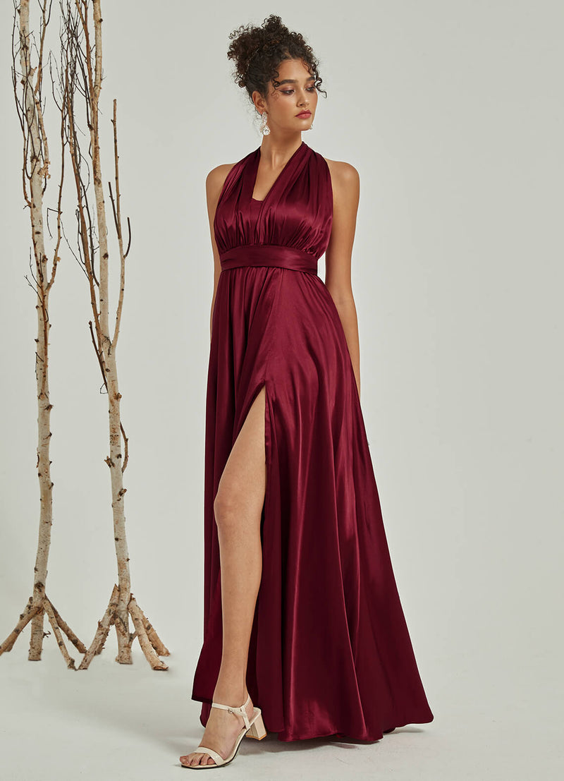 Multi Ways Wrap Convertible Slit Bridesmaid  Butterfly Sleeves & One Shoulder & Strapless & Off-shoulder & Straps & Halter Neck Satin A Line Dress Floor Length Gown Winnie