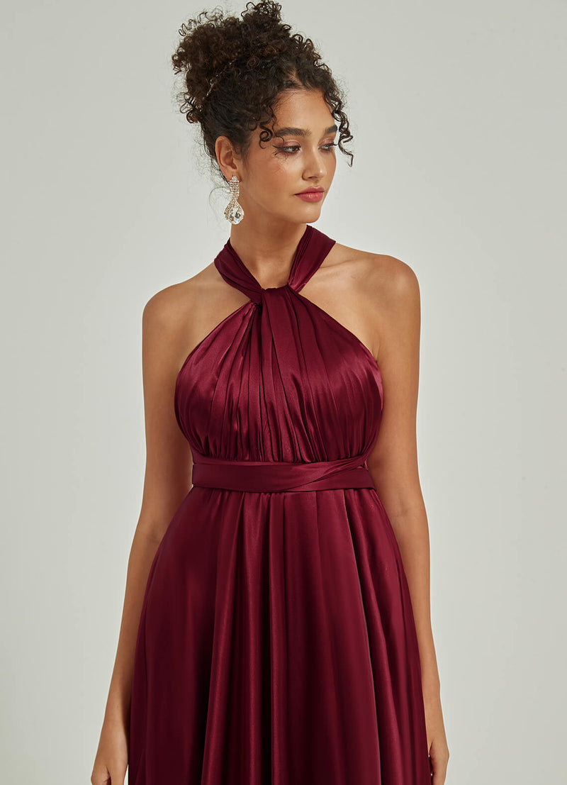 Burgundy Multi Ways Wrap Convertible Slit Bridesmaid Butterfly Sleeves & One Shoulder & Strapless & Off-shoulder & Straps & Halter Neck Satin A-Line Dress Floor Length Dress with Pocket Winnie