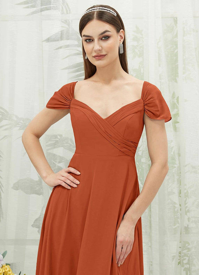 NZ Bridal Burnt Orange Off Shoulder Chiffon bridesmaid dresses BG30217 Spence c