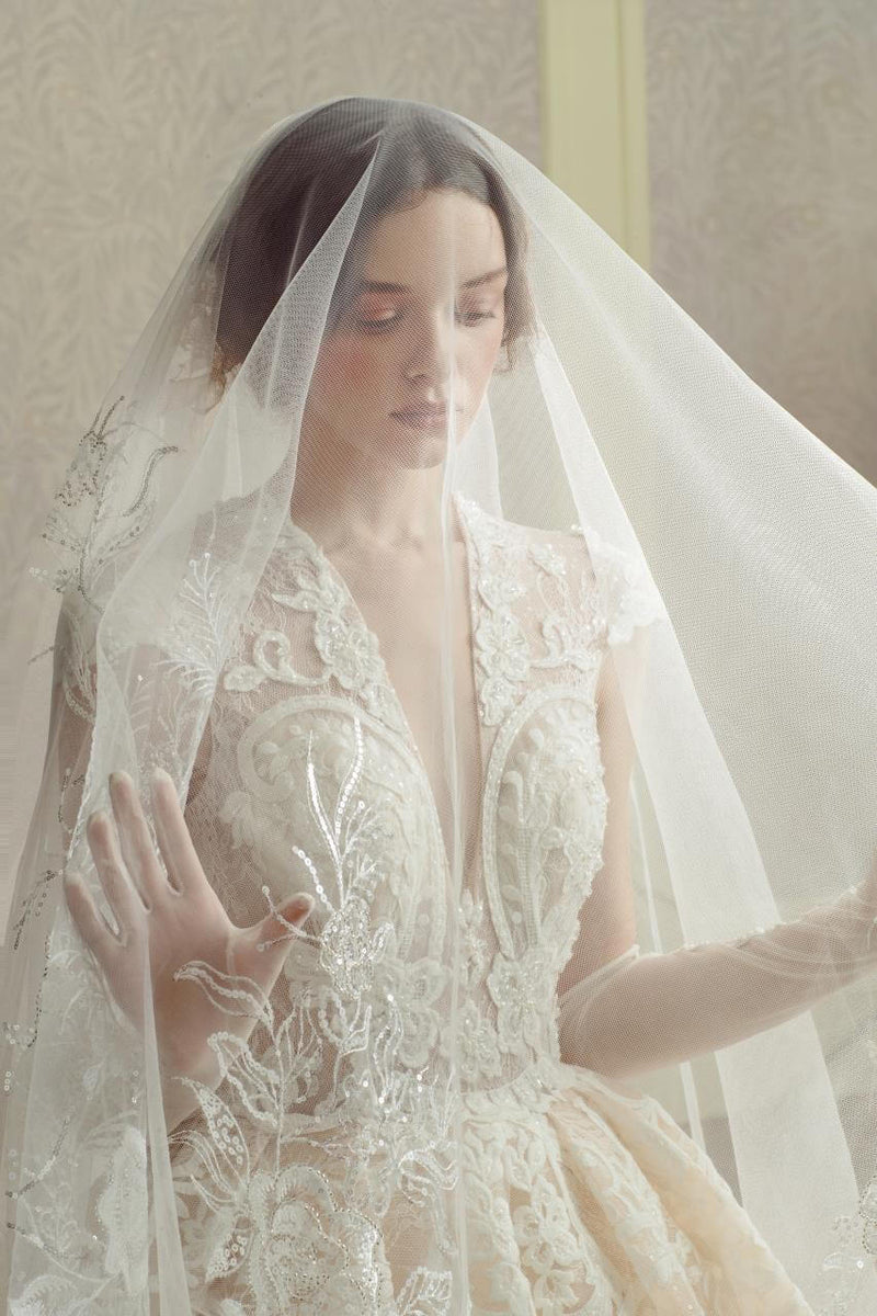 NZ Bridal Cap Sleeves Cathedral Train Lace Bridal Dresses TM31101 Aubrey Diamond White detail2