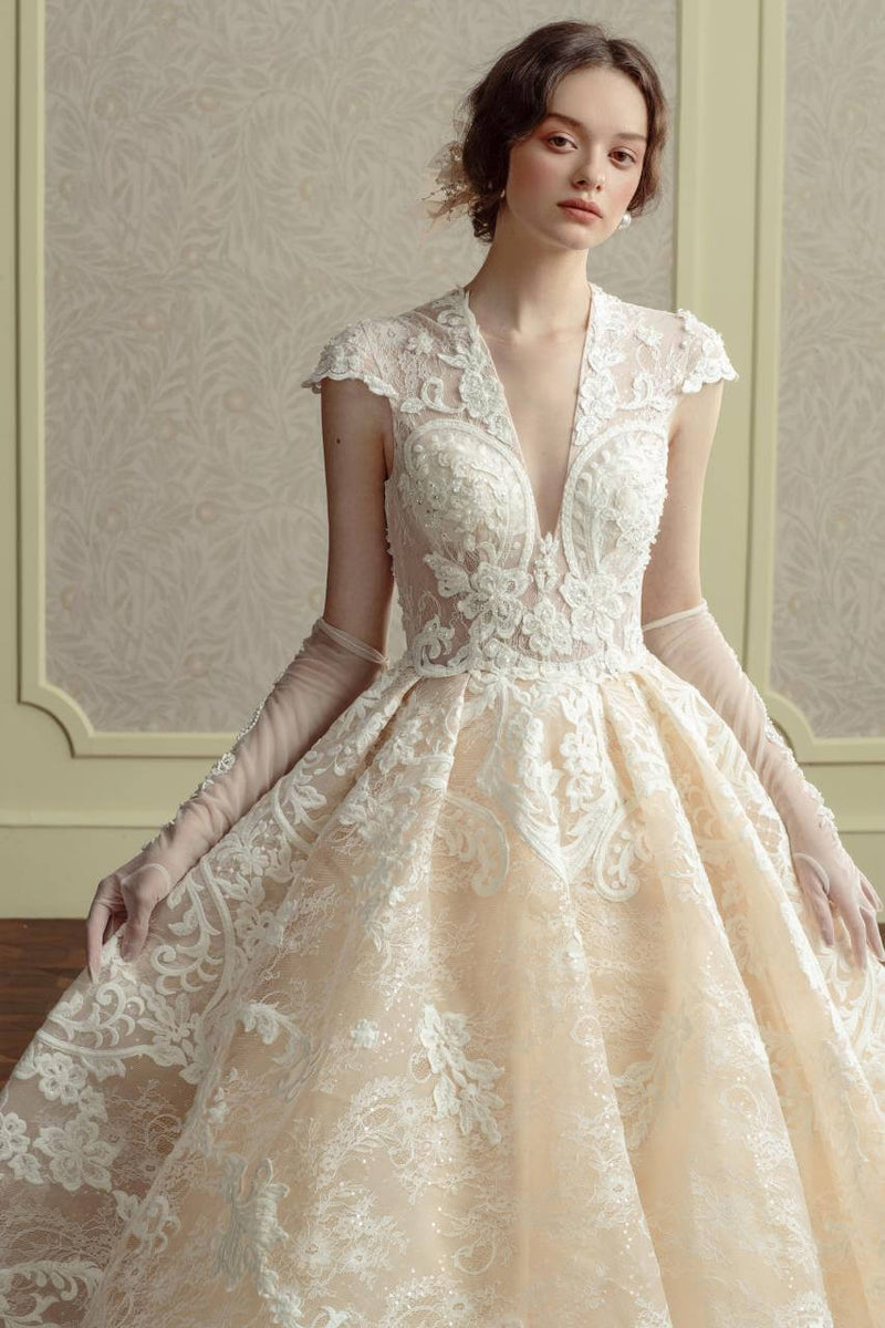 NZ Bridal Cap Sleeves Cathedral Train Lace Bridal Dresses TM31101 Aubrey Diamond White detail1