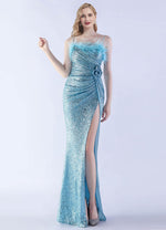 NZ Bridal Cornflower Blue Spaghetti Slit Sequin Mermaid Prom Dress 31365 Sadie a