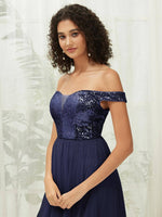 NZ Bridal Navy Blue Off Shoulder Sequin Tulle Prom Dress 00277ee Esther d