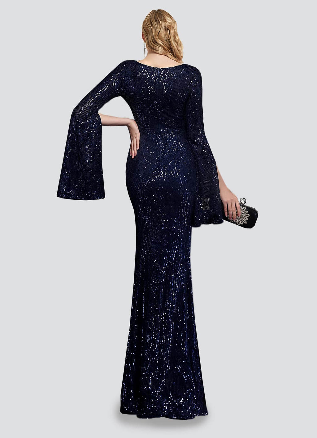 NZ Bridal Navy Blue V Neck Sequin Maxi Mermaid Prom Dress 18576 Alora a