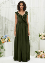 NZ Bridal Olive V Neck Wrap Chiffon Flowy Maxi Bridesmaid Dress R3702 Valerie a