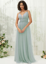 NZ Bridal Sage Green Pleated Tulle Maxi Backless bridesmaid dresses R1029 Alma a