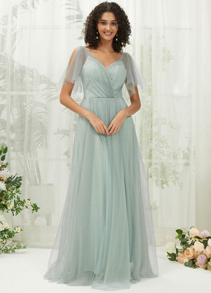 NZ Bridal Sage Green Ruffle Sleeve Tulle Maxi Backless bridesmaid dresses R1027 Dallas a