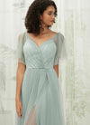 NZ Bridal Sage Green Ruffle Sleeve Tulle Maxi Backless bridesmaid dresses R1027 Dallas c