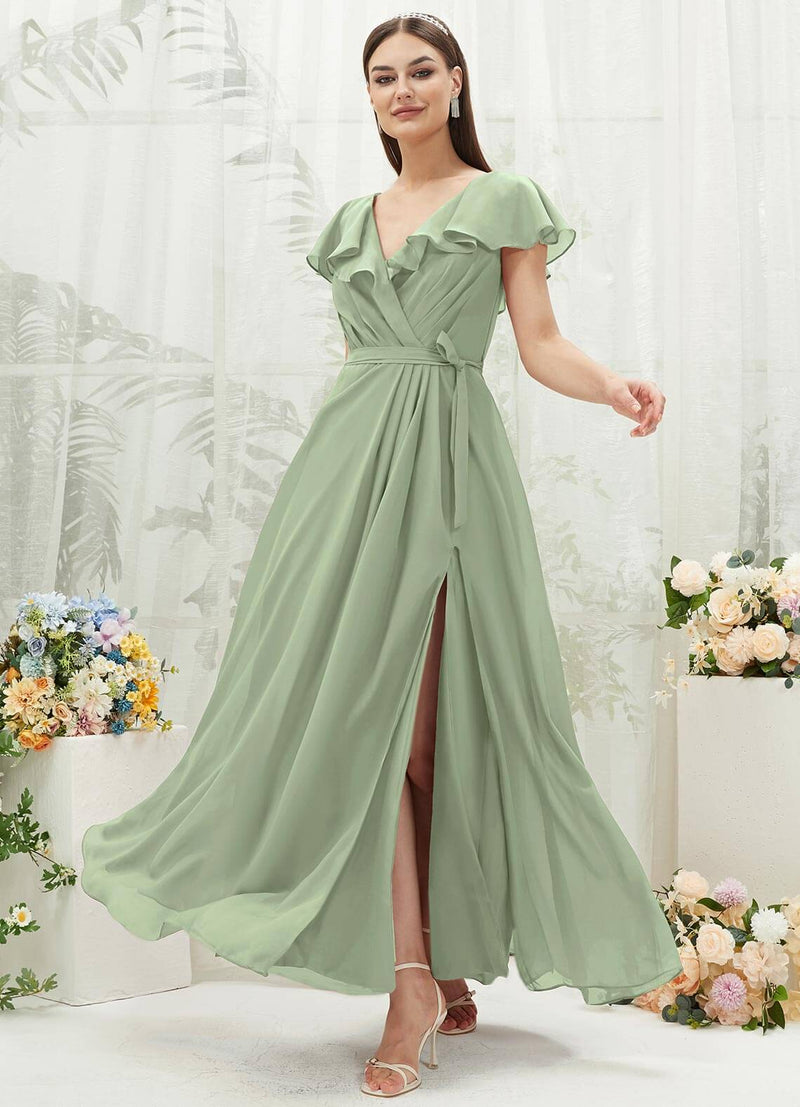 NZ Bridal Sage Green Ruffle Wrap Chiffon Floor Length Bridesmaid Dress with Slit AZ31002 Jael a