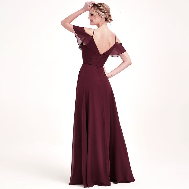 long chiffon A-line feature and cold-shoulder bridesmaid dress