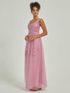 Tulle Lace Sheer V Neck Sleeveless Backless Floor Length Bridesmaid Dress Lana Women