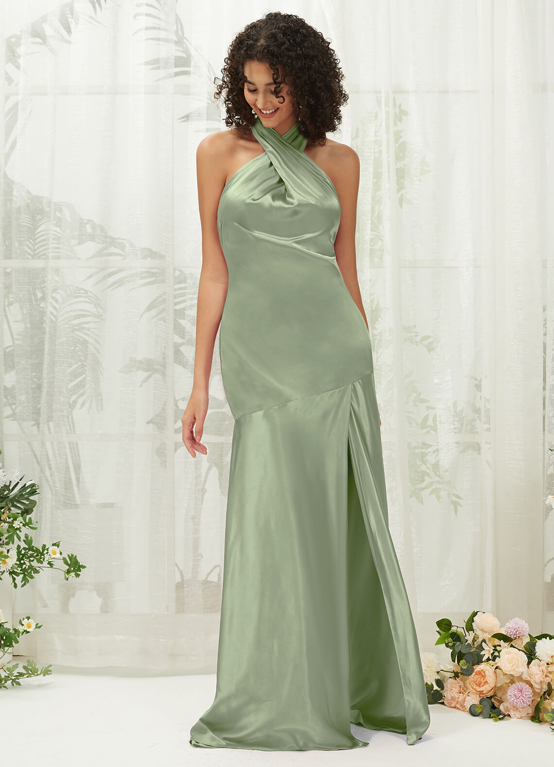 Sage Green Satin Halter Neck Sleeveless Maxi Bridesmaid Dress With Sli –  Worn To Love