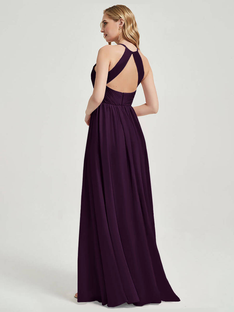 Floor Length Halter Pleated Keyhole Back Chiffon Bridesmaid Dress - Mackenzie