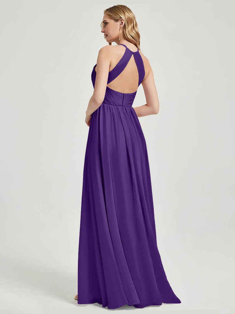 Floor Length Halter Pleated Keyhole Back Chiffon Bridesmaid Dress - Mackenzie