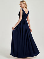 Dark Navy Pleated V-Neck Sleeveless Empire Maxi Chiffon Bridesmaid Dress