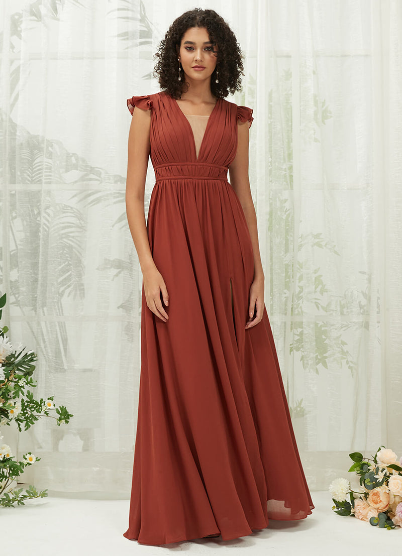 Chiffon Slit Cap Sleeve V Neck Backless Pleated Empire Pocket Bridesmaid Dress Collins