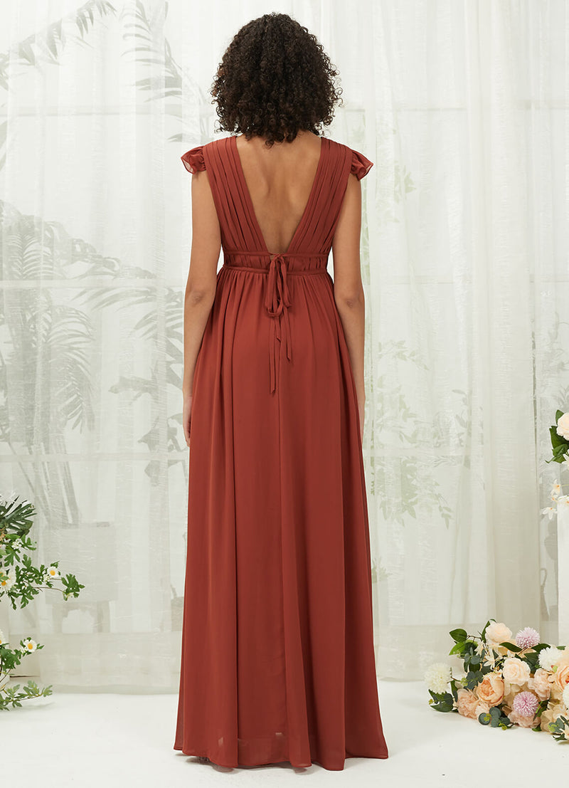 Chiffon Slit Cap Sleeve V Neck Backless Pleated Empire Pocket Floor Length Bridesmaid Dress Collins