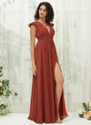 Empire Chiffon Slit Cap Sleeve V Neck Backless Pleated Empire Pocket Floor Length Bridesmaid Dress Collins