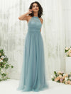 Dusty Blue Tulle Halter Neck Strapless Backless Pleated Pocket Floor Length Bridesmaid Dress Naya