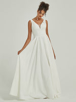 Diamond White Crepe Sheer V Neckline Sleeveless A-Line Backless Cowl Floor Length Wedding Dress-Isla