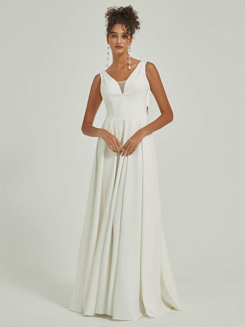 Diamond White Crepe Sleeveless A-Line Backless Cowl Floor Length Wedding Dress Isla