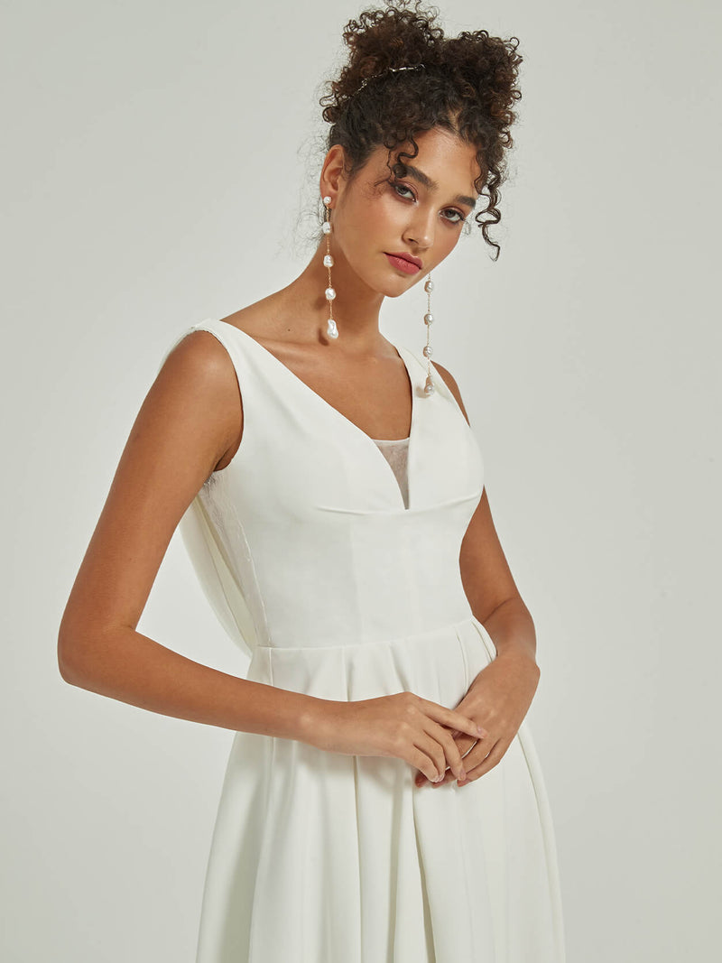 Diamond White Crepe Sheer V Neck Sleeveless A-Line Backless Cowl Floor Length Wedding Dress-Isla